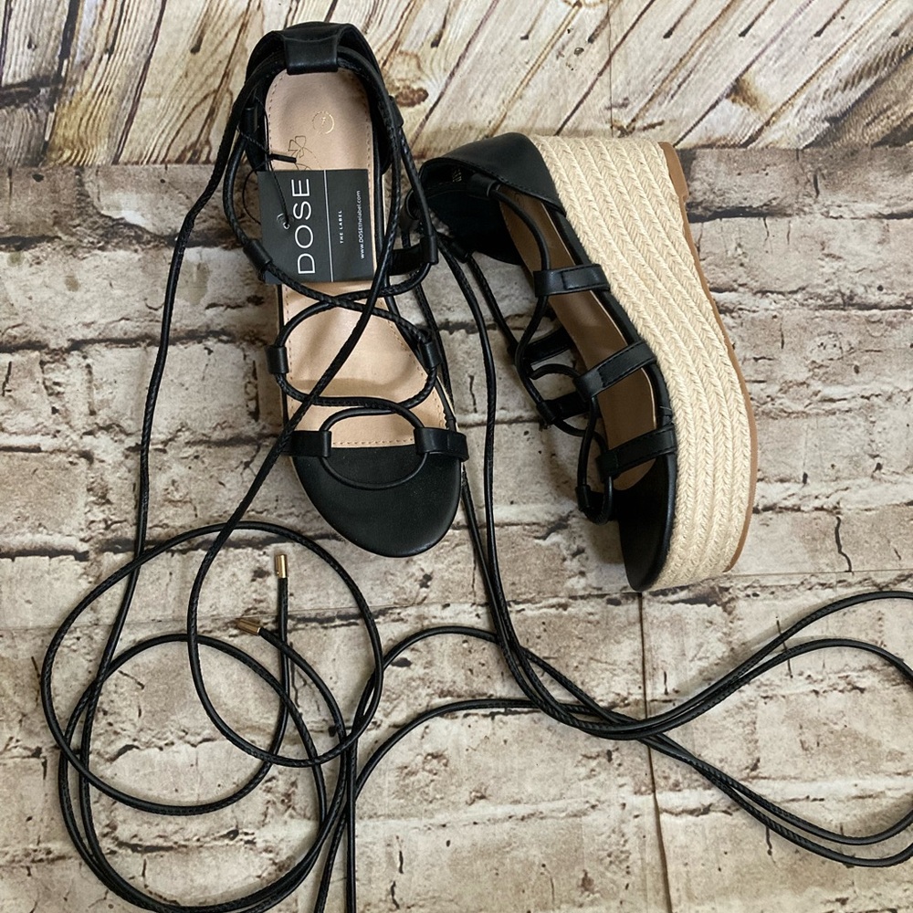 NWT DOSE Black Espadrille Wedge adjustable lace up Sandals size 7
